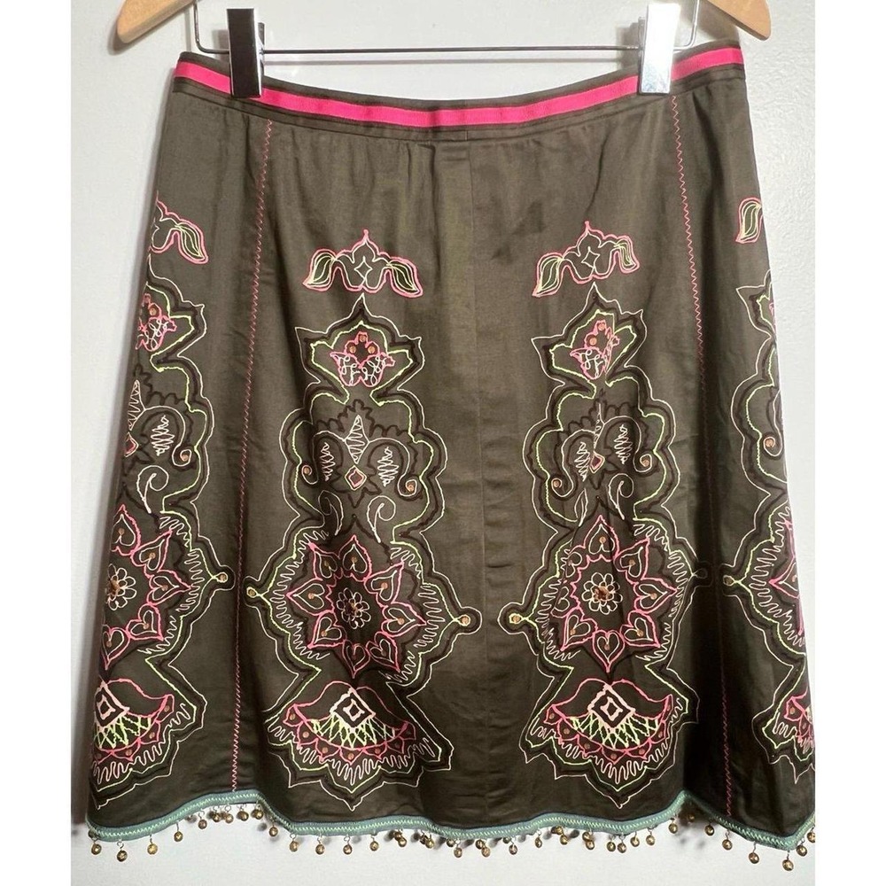 Etcetera Womens Olive Green Beaded Embroidered Boho A-Line Skirt Size 10